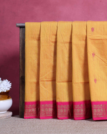 Traditional Kalyani Cotton Saree with Intricate Zari Border and Elegant Woven Motifs - Mustard Yellow