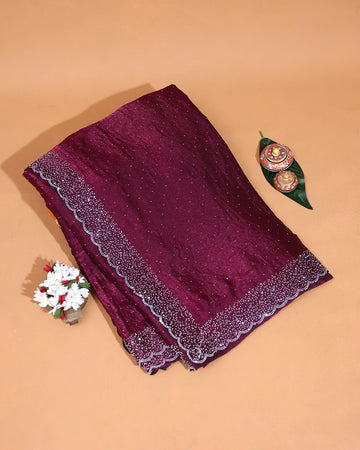 Designer Saree for Women with Solid Body Intricate Stone Work and Lace Border - Burgundy