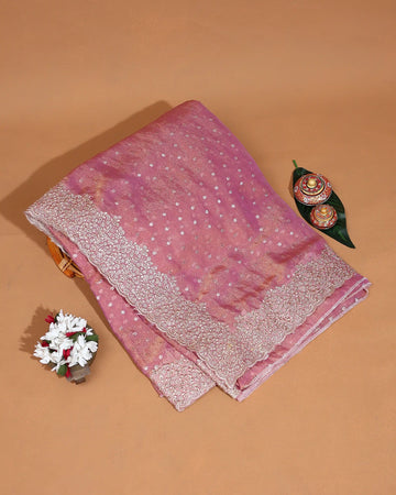 Designer Saree for Women with Intricate Sequin Embroidery Delicate Floral Lace Border & Scalloped Edge - Pink