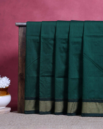 Handloom Kalyani Cotton Saree with Rich Zari Border and Subtle Textured Weave - Dark Green