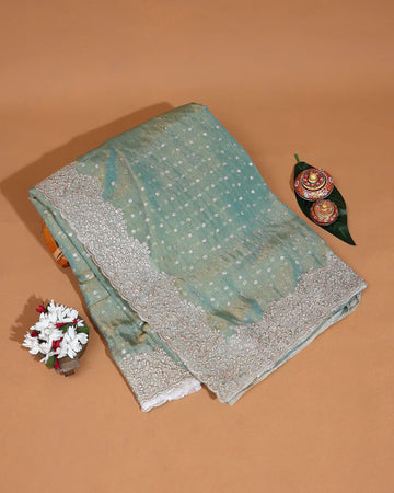 Designer Saree for Women with Intricate Sequin Embroidery Delicate Floral Lace Border & Scalloped Edge - Green