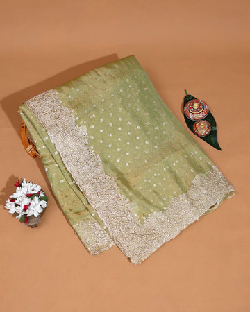 Designer Saree for Women with Intricate Sequin Embroidery Delicate Floral Lace Border & Scalloped Edge - Olive Green