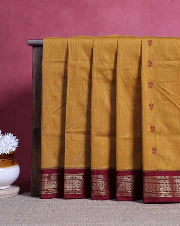 Handloom Kalyani Cotton Saree with Traditional Woven Zari Border and Delicate Butta Motifs - Mustard