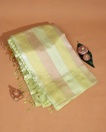 Litchi Silk Saree with Floral Design Woven Stripes Zari Detailing and Traditional Tassel Fringe - Multi