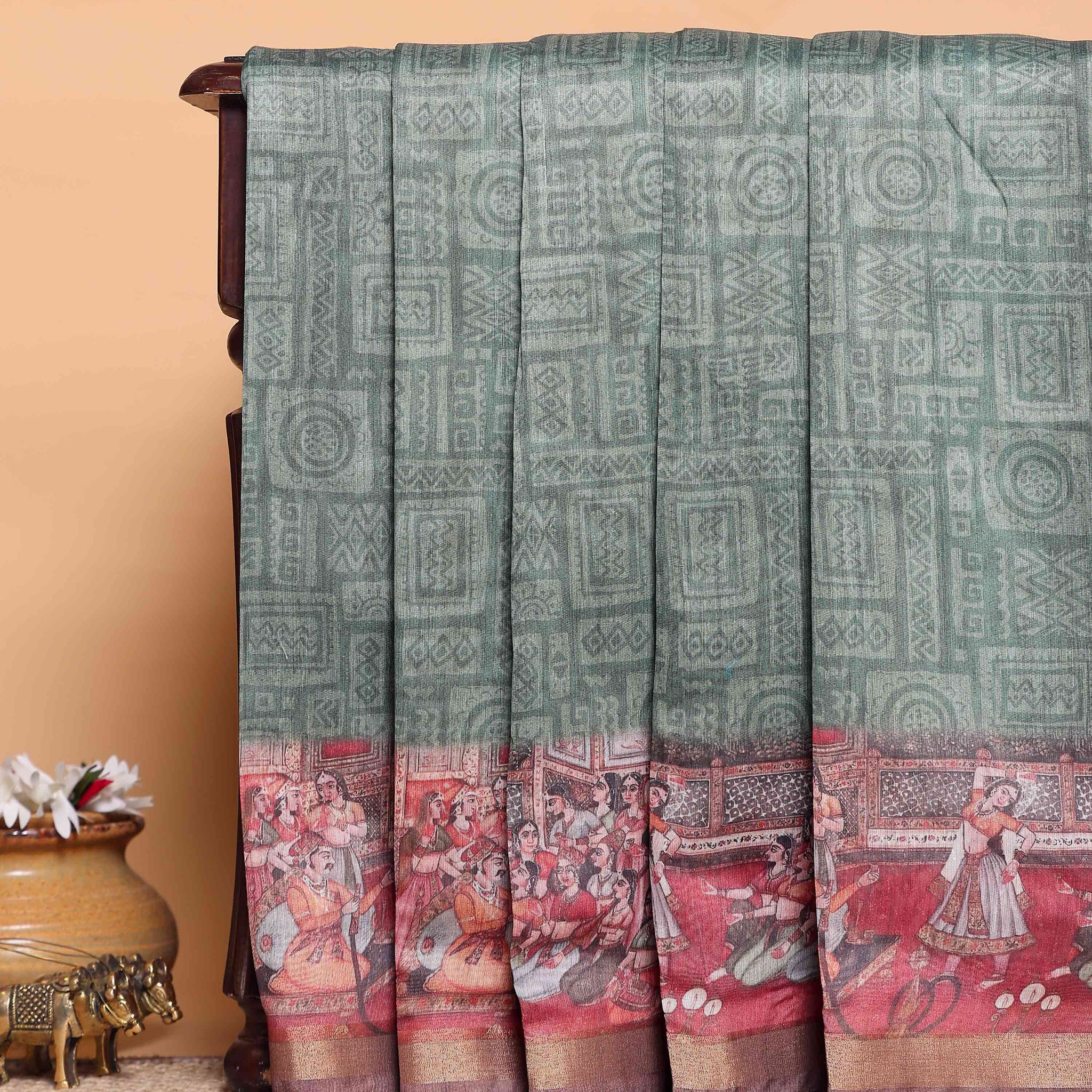 Elegant Semi-Silk Saree with Intricate Printed Border and Pallu - Green