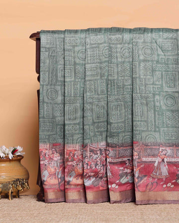 Elegant Semi-Silk Saree with Intricate Printed Border and Pallu - Green