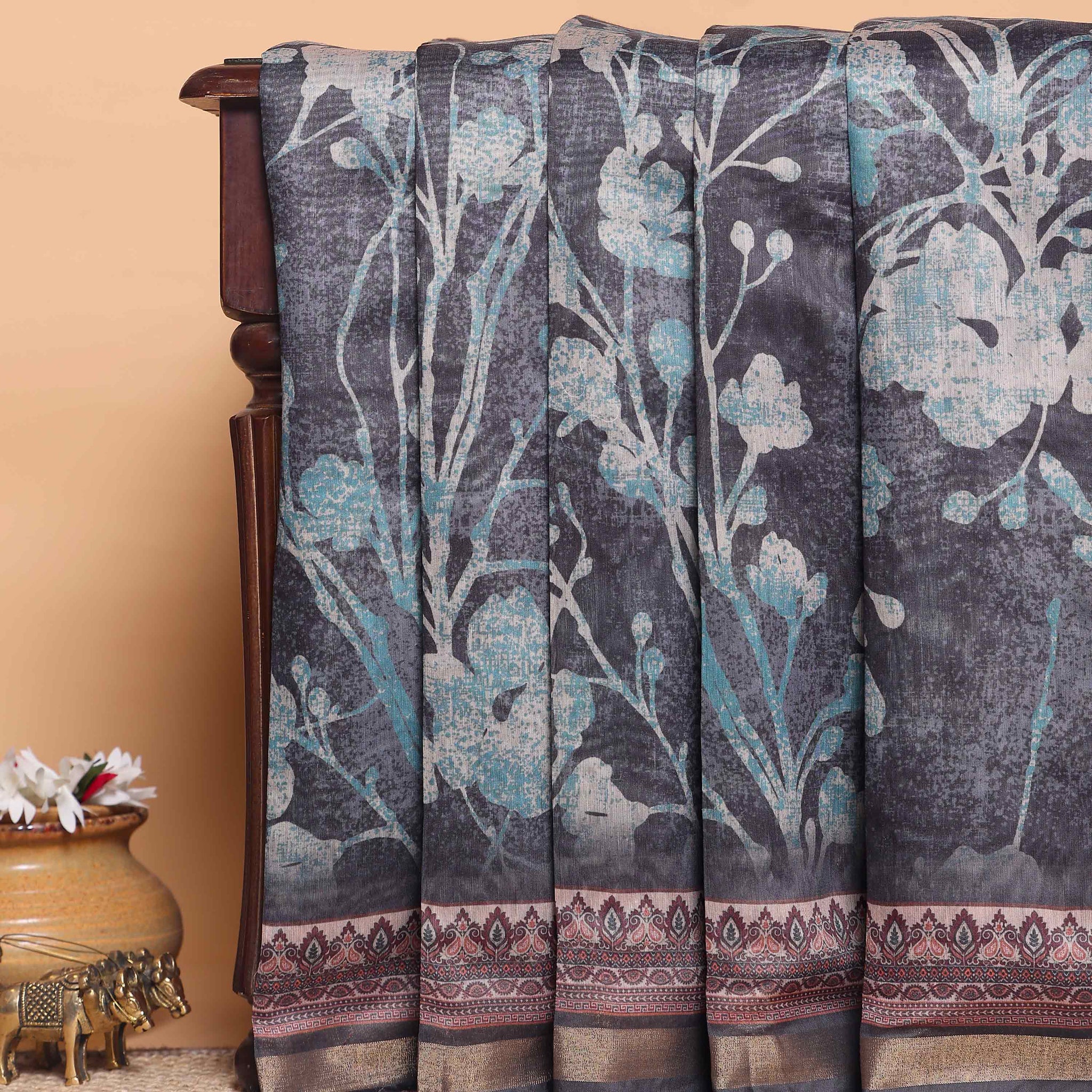 Elegant Printed Semi-Silk Saree with Intricate Floral Design and Zari Border - Black