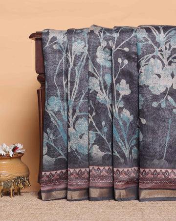 Elegant Printed Semi-Silk Saree with Intricate Floral Design and Zari Border - Black