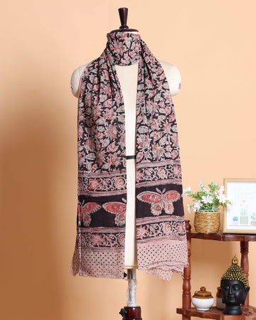 Elegant Women's Kalamkari Print Cotton Dupatta with Floral and Butterfly Motifs - Multi