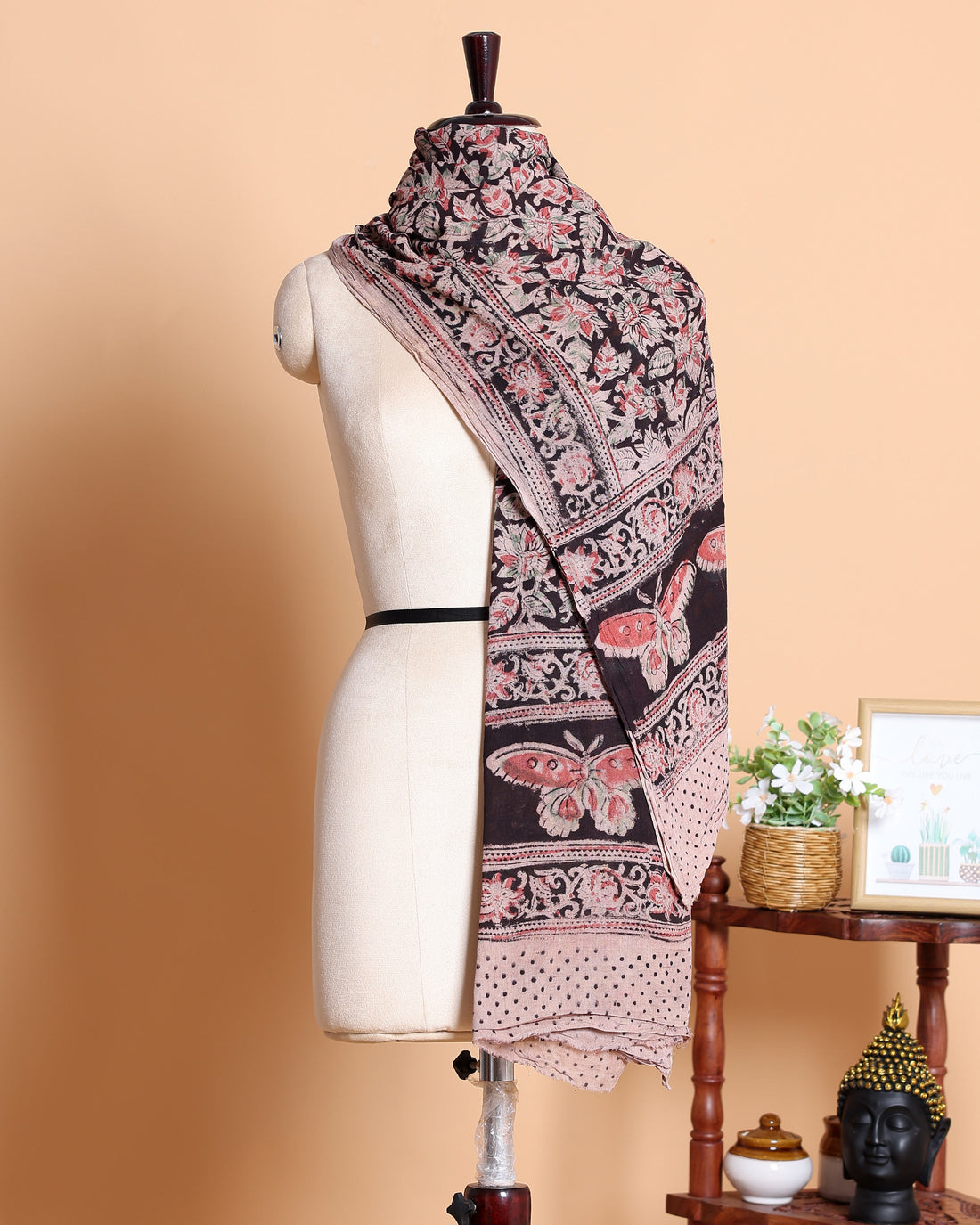 Elegant Women's Kalamkari Print Cotton Dupatta with Floral and Butterfly Motifs - Multi