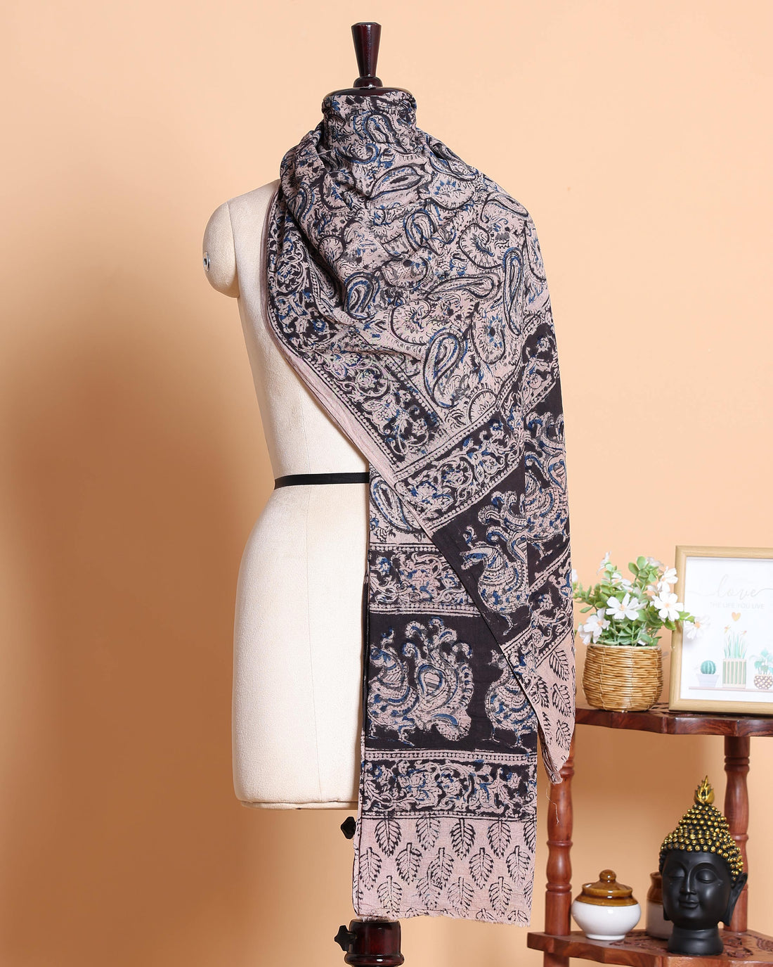 Elegant Women’s Kalamkari Printed Cotton Dupatta with Paisley and Traditional Floral Motifs - Multi