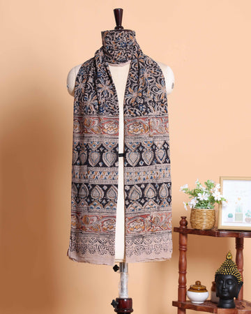 Elegant Women’s Kalamkari Printed Cotton Dupatta with Floral and Traditional Paisley Border Motifs - Multi