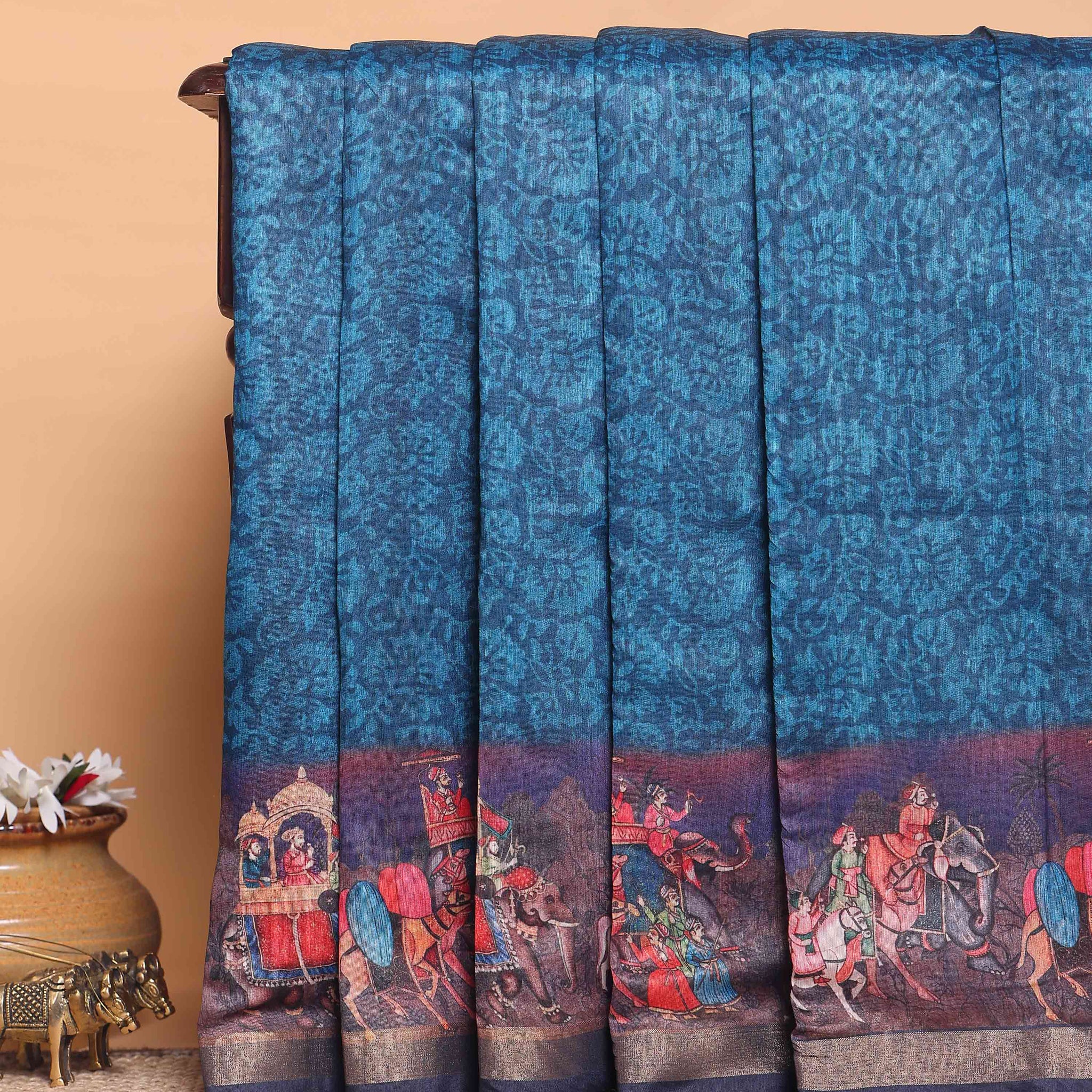 Elegant Semi-Silk Saree with Intricate Folk Art Border and Pallu - Blue