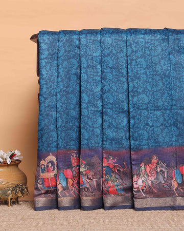 Elegant Semi-Silk Saree with Intricate Folk Art Border and Pallu - Blue