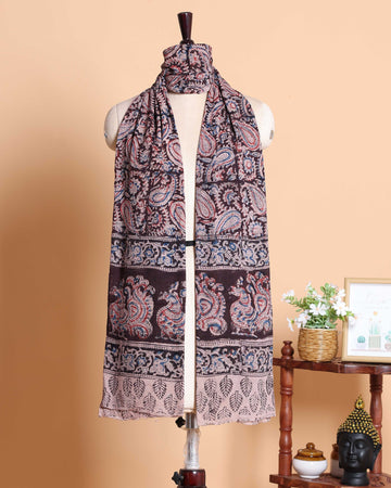 Elegant Women’s Kalamkari Printed Cotton Dupatta with Paisley and Traditional Peacock Motifs - Multi