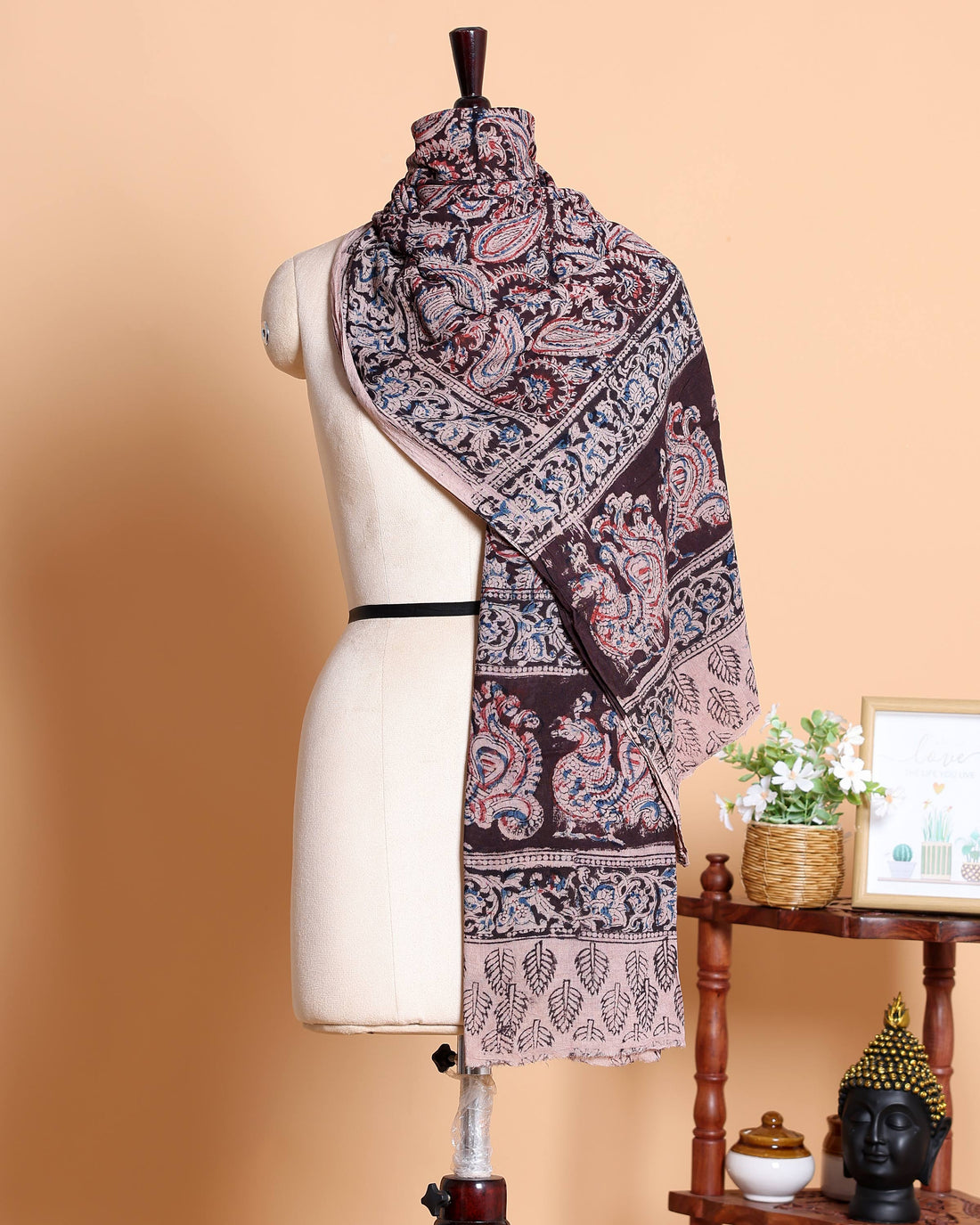 Elegant Women’s Kalamkari Printed Cotton Dupatta with Paisley and Traditional Peacock Motifs - Multi