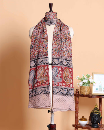 Elegant Women’s Kalamkari Printed Cotton Dupatta with Floral and Traditional Peacock Motifs - Multi