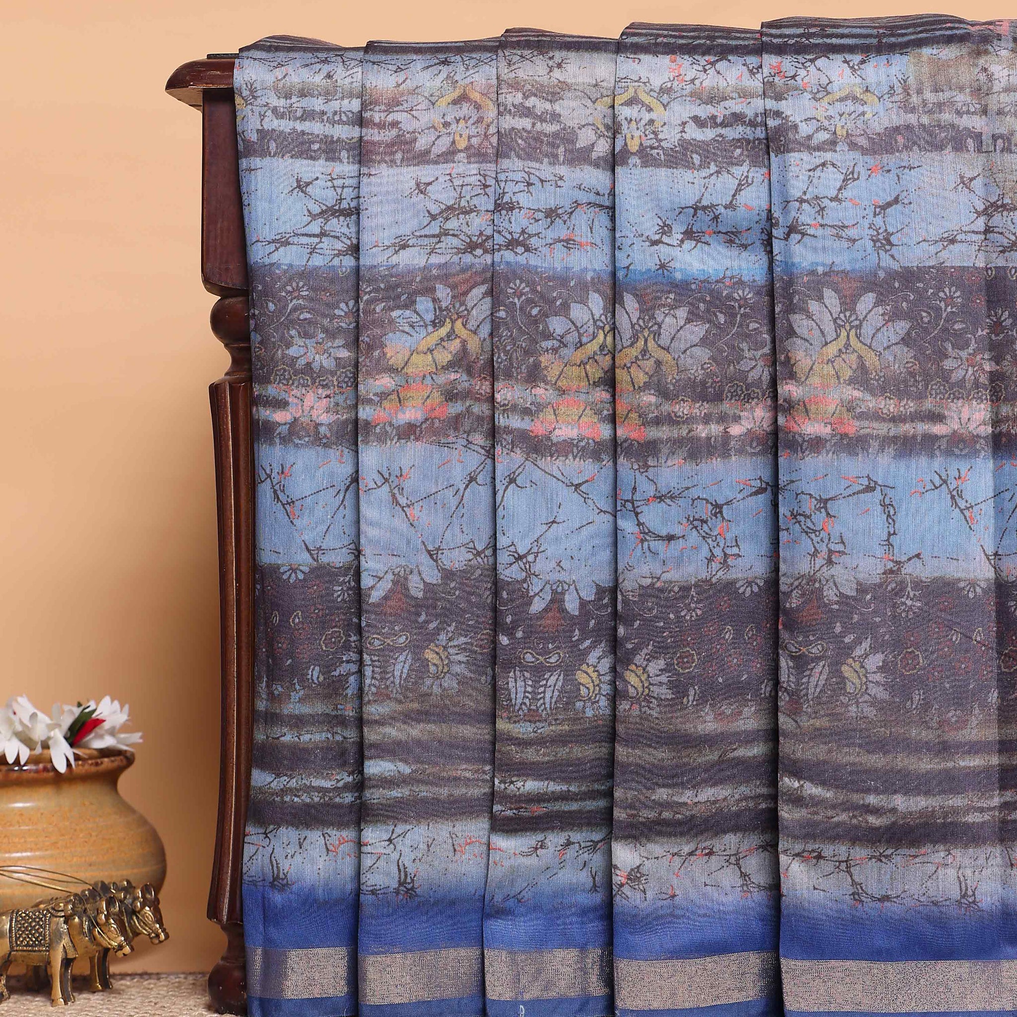 Handloom Printed Semi-Silk Saree with Floral and Striped Motifs - Multi