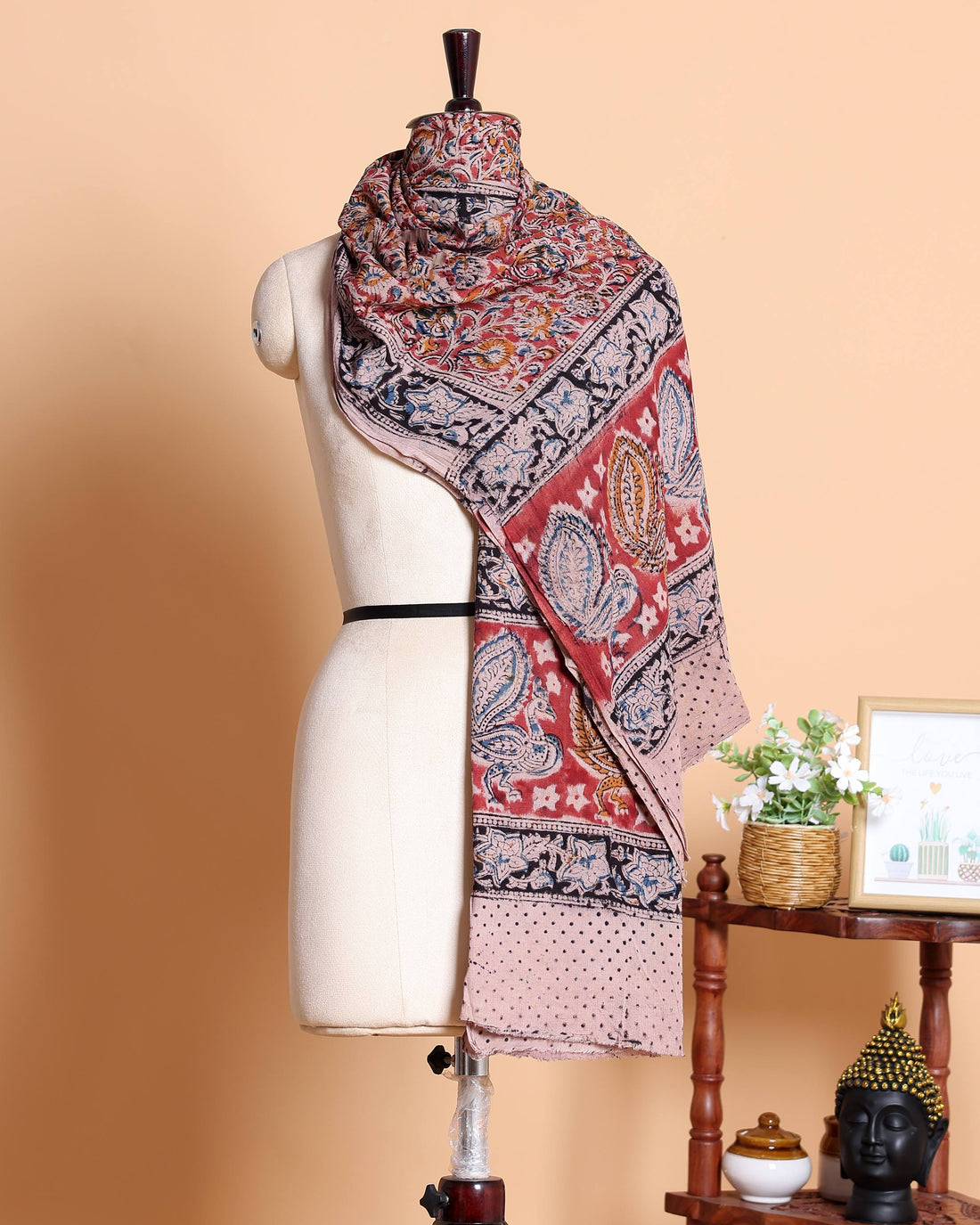 Elegant Women’s Kalamkari Printed Cotton Dupatta with Floral and Traditional Peacock Motifs - Multi