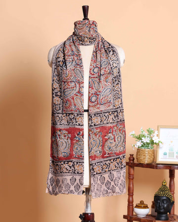 Elegant Women’s Kalamkari Cotton Dupatta with Paisley & Peacock Motifs - Multi