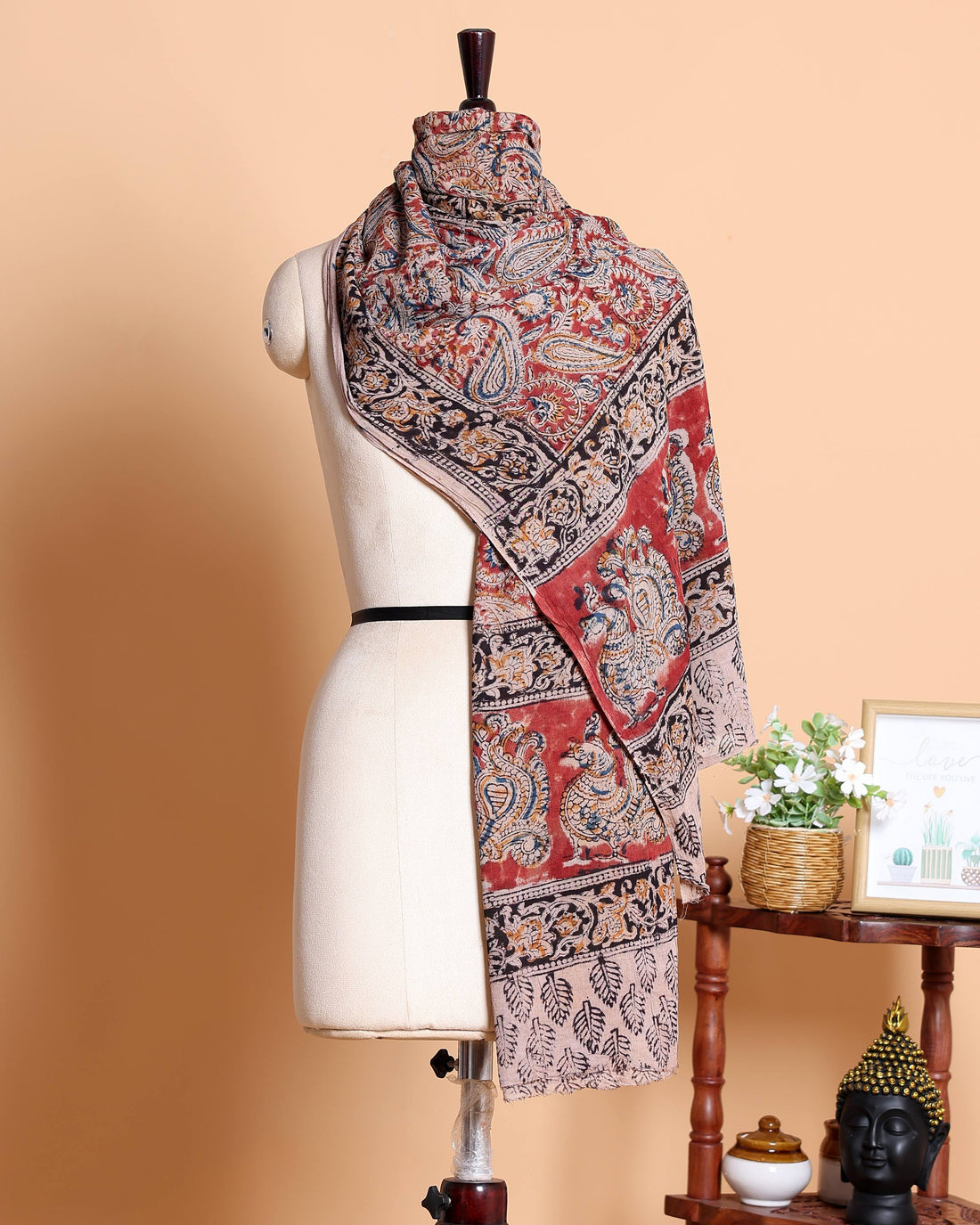Elegant Women’s Kalamkari Cotton Dupatta with Paisley & Peacock Motifs - Multi