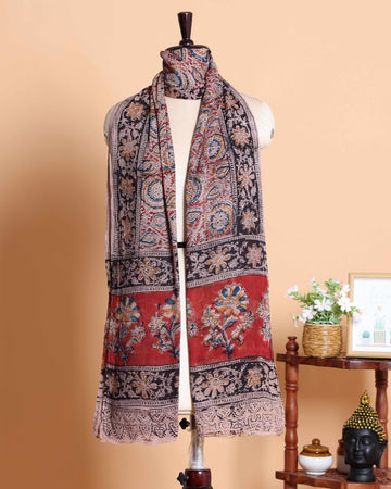 Elegant Women's Kalamkari Print Cotton Dupatta with Intricate Floral and Paisley Motifs - Multi