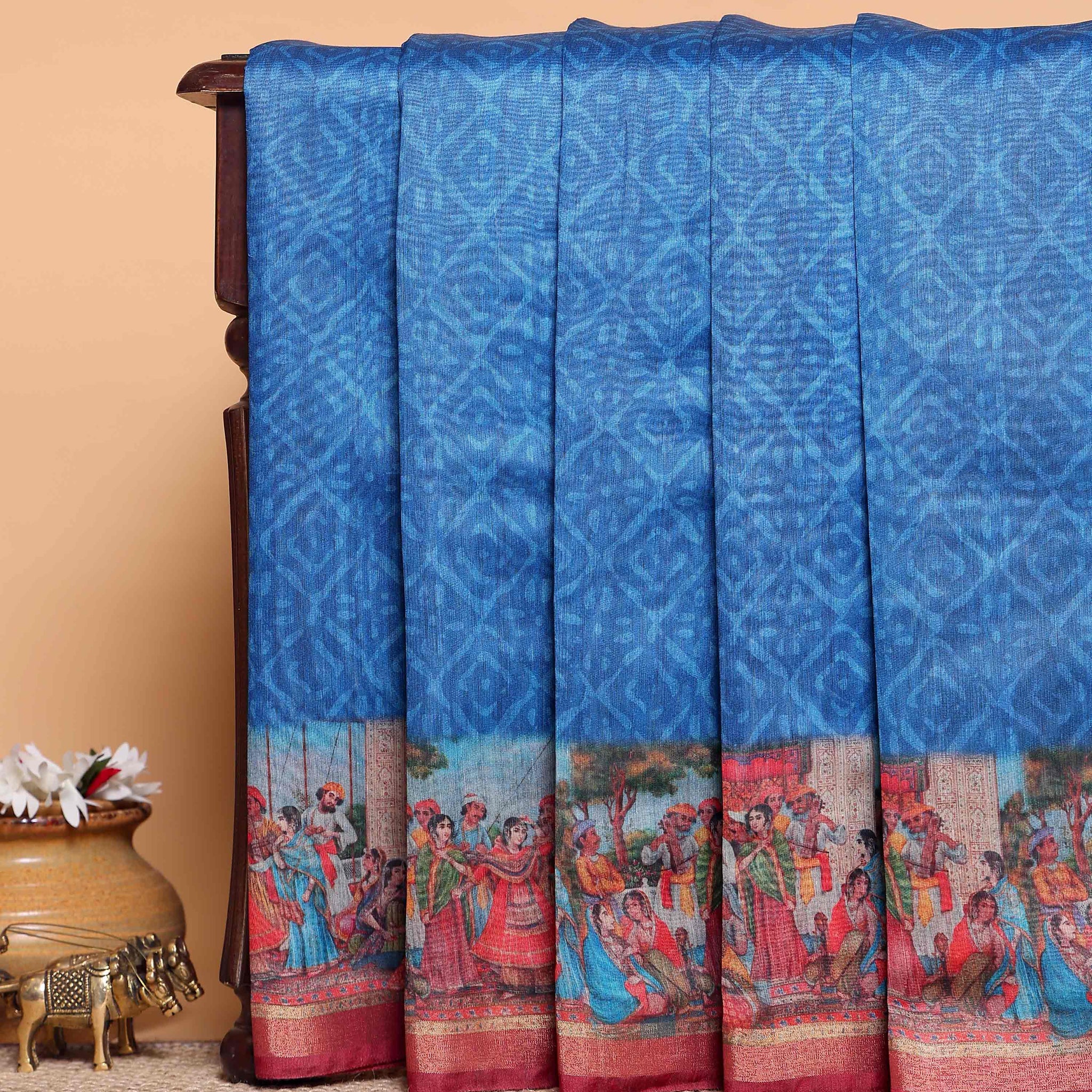 Elegant Traditional Semi-Silk Saree with Intricate Kalamkari-Inspired Print - Blue