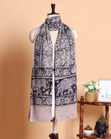 Traditional Women's Kalamkari Printed & Elephant Motif Block Print Cotton Dupatta - Multi