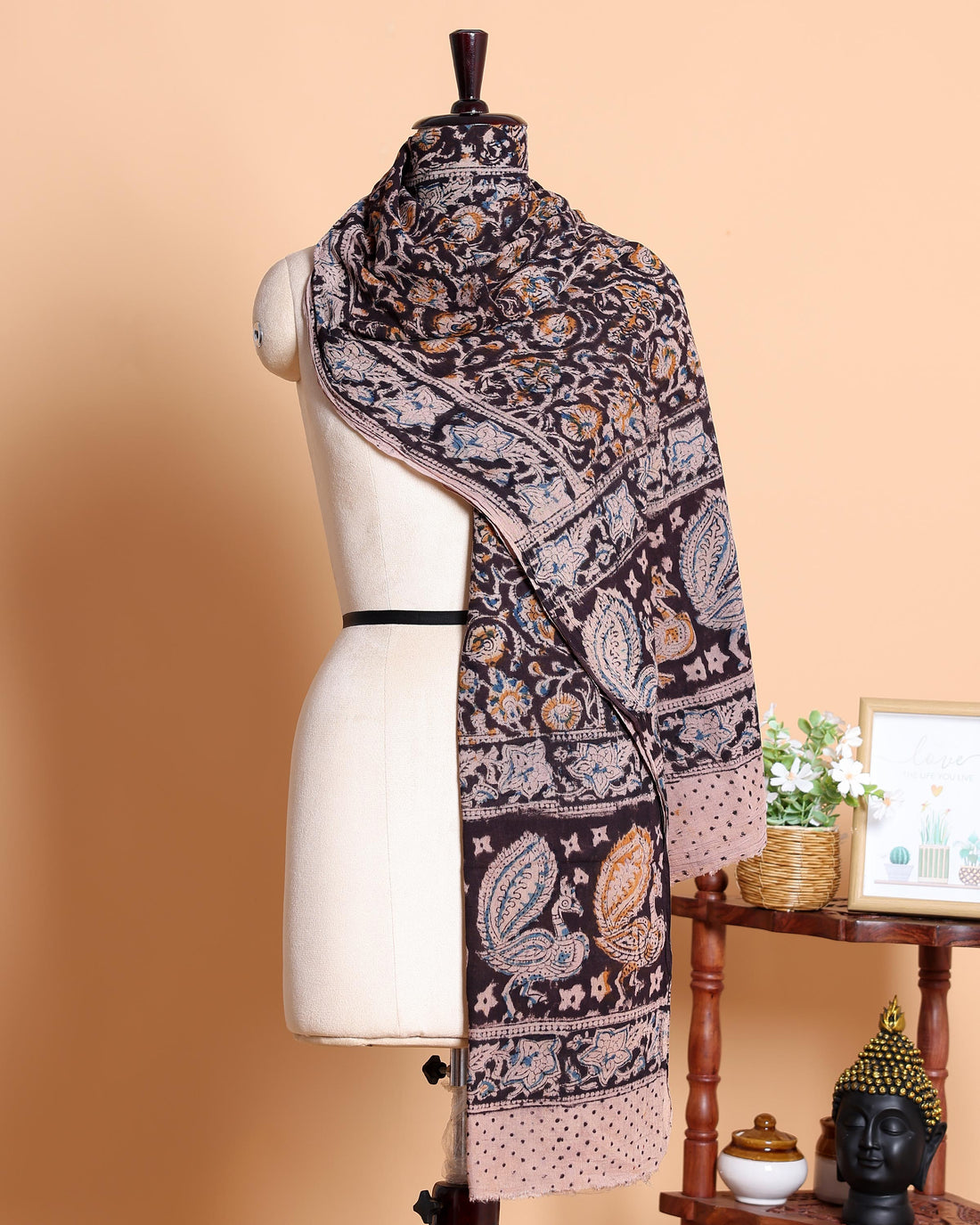 Traditional Women's Kalamkari Printed Paisley & Peacock Motif Dupatta - Multi