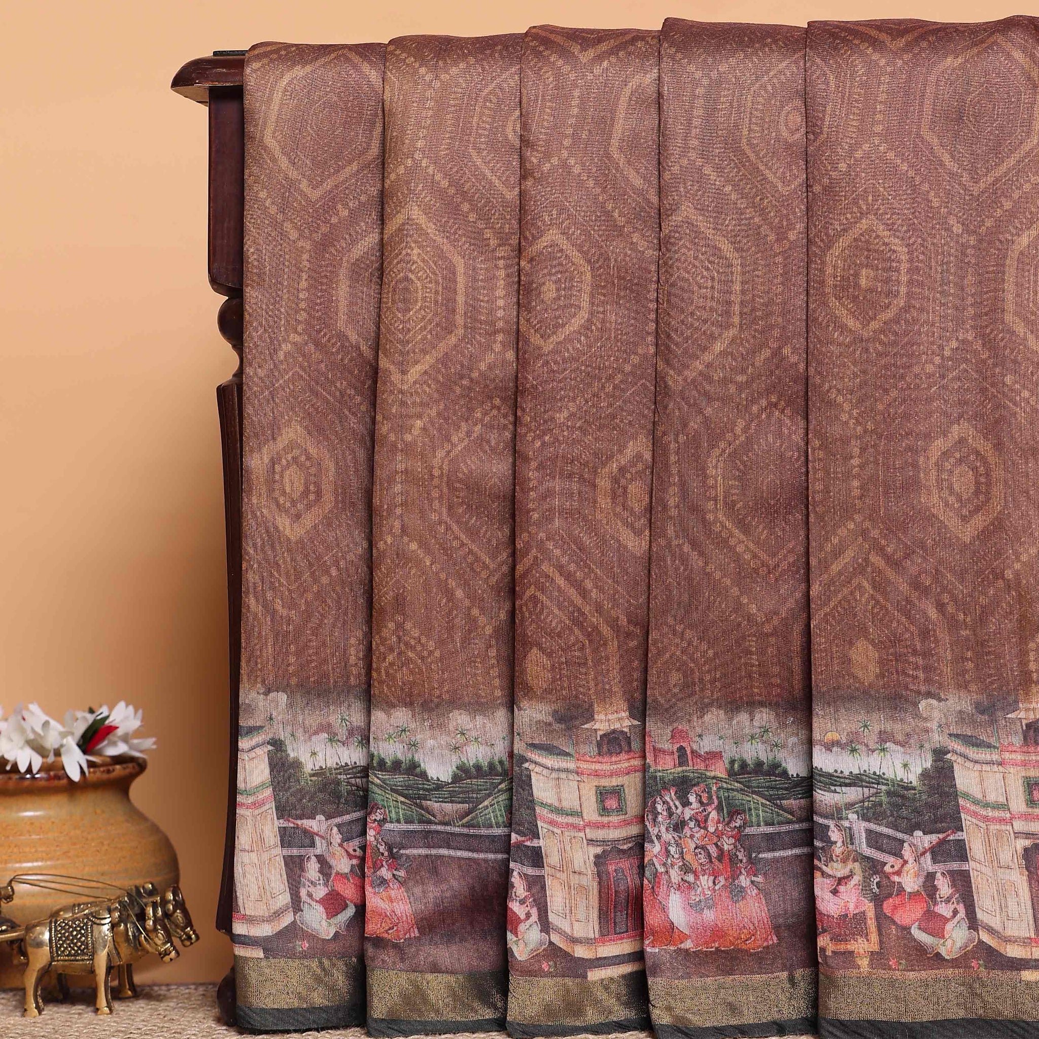 Elegant Printed Semi Silk Saree with Elaborate Border and Pallu - Brown