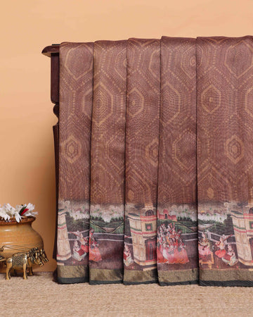 Elegant Printed Semi Silk Saree with Elaborate Border and Pallu - Brown