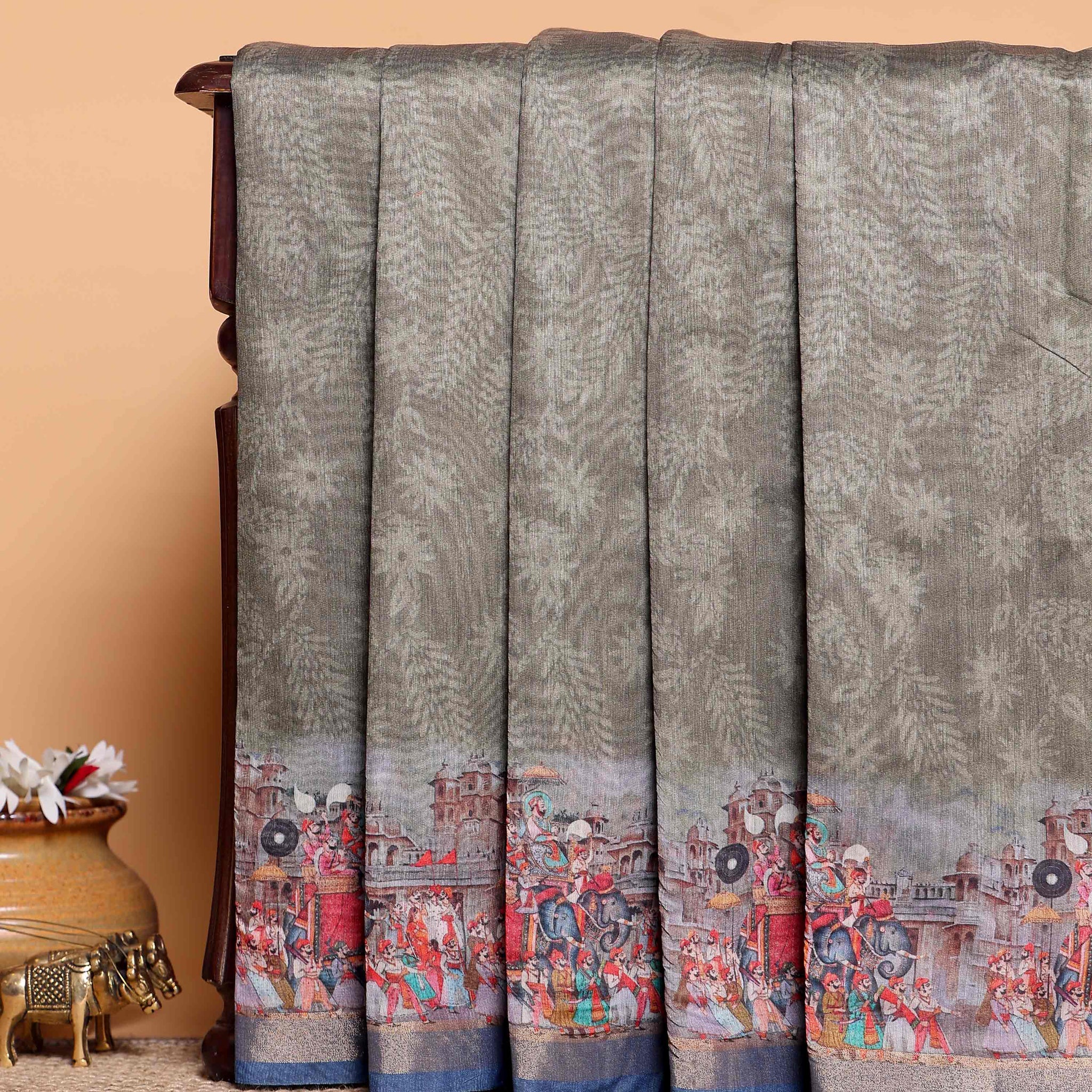 Elegant Semi-Silk Saree with Traditional Border Print - Green