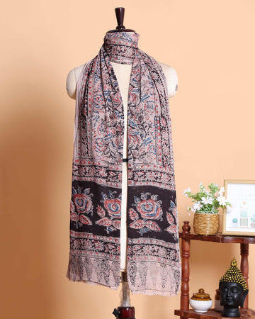 Traditional Women's Ethnic Kalamkari Inspired Floral and Paisley Print Dupatta with Decorative Borders - Multi