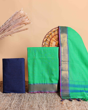 Women's Elegant Mangalagiri Cotton Salwar Material - Top 2.5m, Pant 2m, Dupatta 2.25m with Zari Border - Green