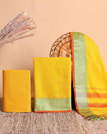 Women's Elegant Mangalagiri Cotton Salwar Material - Top 2.5m, Pant 2m, Dupatta 2.25m with Zari Border - Yellow