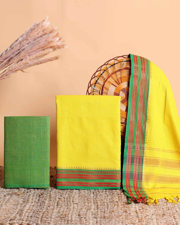 Women's Traditional Mangalagiri Cotton Salwar Material - Top 2.5m, Pant 2m, Dupatta 2.25m with Zari Border - Yellow