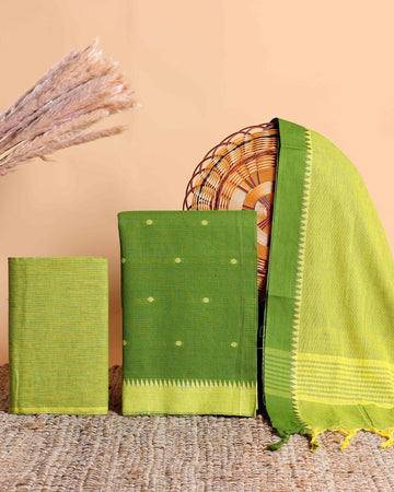 Women's Elegant Mangalagiri Cotton Salwar Material - Top 2.5m, Pant 2m, Dupatta 2.25m with Temple Border - Green