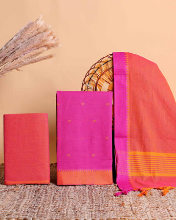 Women's Elegant Mangalagiri Cotton Salwar Material - Top 2.5m, Pant 2m, Dupatta 2.25m with Temple Border - Pink