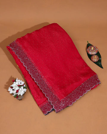Designer Saree for Women with Solid Body Intricate Stone Work and Lace Border - Red
