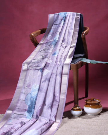 Elegant Kota Saree with Elegant Floral Print and Subtle Zari Border - Light Purple
