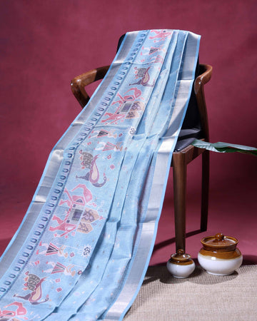 Elegant Handloom Kota Saree with Heritage Animal Motifs and Classic Woven Border - Light Blue