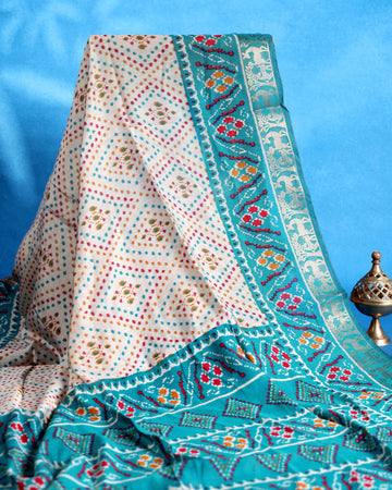 Elegant Semi Chanderi Saree with Pochampally Inspired Motifs & Woven Border - Off White