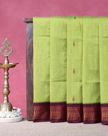 Handloom Kalyani Cotton Saree with Traditional Zari Border and Elegant Butta Motif Detailing - Light Green