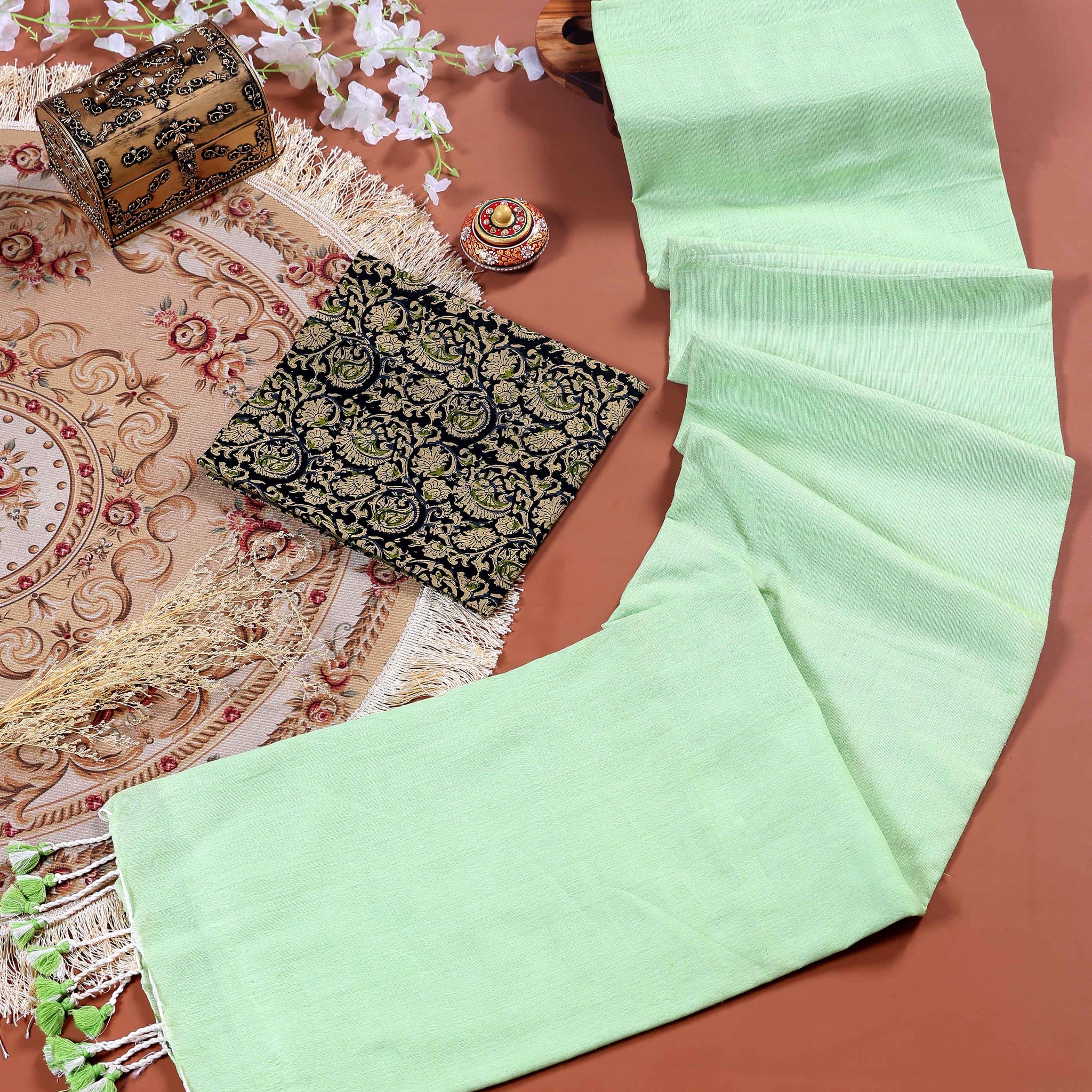 Traditional Khadi Cotton Saree with Contrast Printed Blouse and Tassel Accents - Pista Green