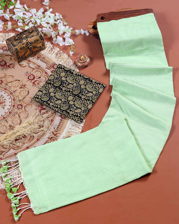 Traditional Khadi Cotton Saree with Contrast Printed Blouse and Tassel Accents - Pista Green