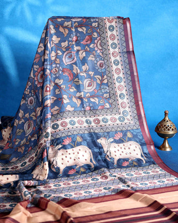 Traditional Dola Saree Delicate Floral & Animal Motifs and Elegant Woven Border - Blue