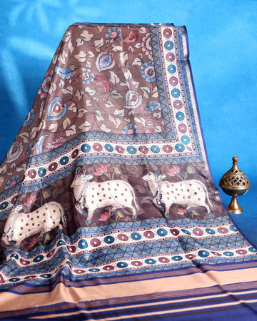 Traditional Dola Saree Delicate Floral & Animal Motifs and Elegant Woven Border - Brown