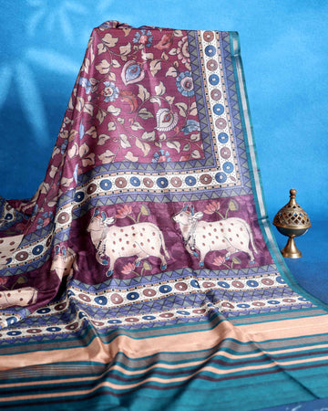 Traditional Dola Saree Delicate Floral & Animal Motifs and Elegant Woven Border - Purple