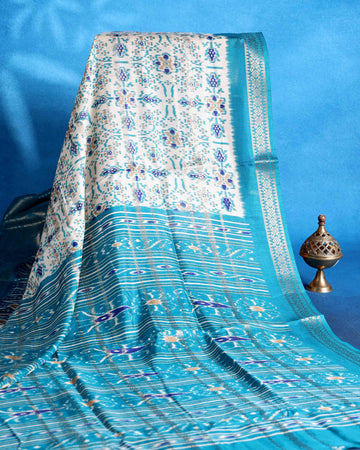 Traditional Dola Saree with All Over Pochampally Inspired Motifs and Elegant Zari Woven Border - Off White
