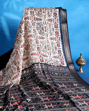 Traditional Dola Saree with All Over Pochampally Inspired Motifs and Elegant Zari Woven Border - Off White